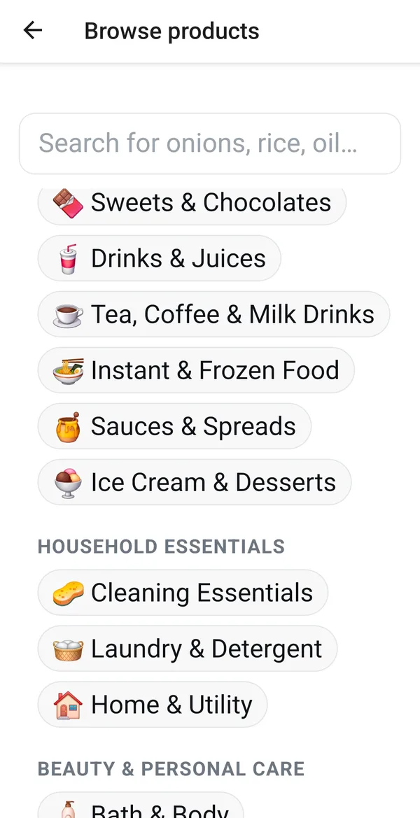 The Browse products screen, listing categories such as sweets and chocolates, drinks and juices, cleaning essentials and laundry.