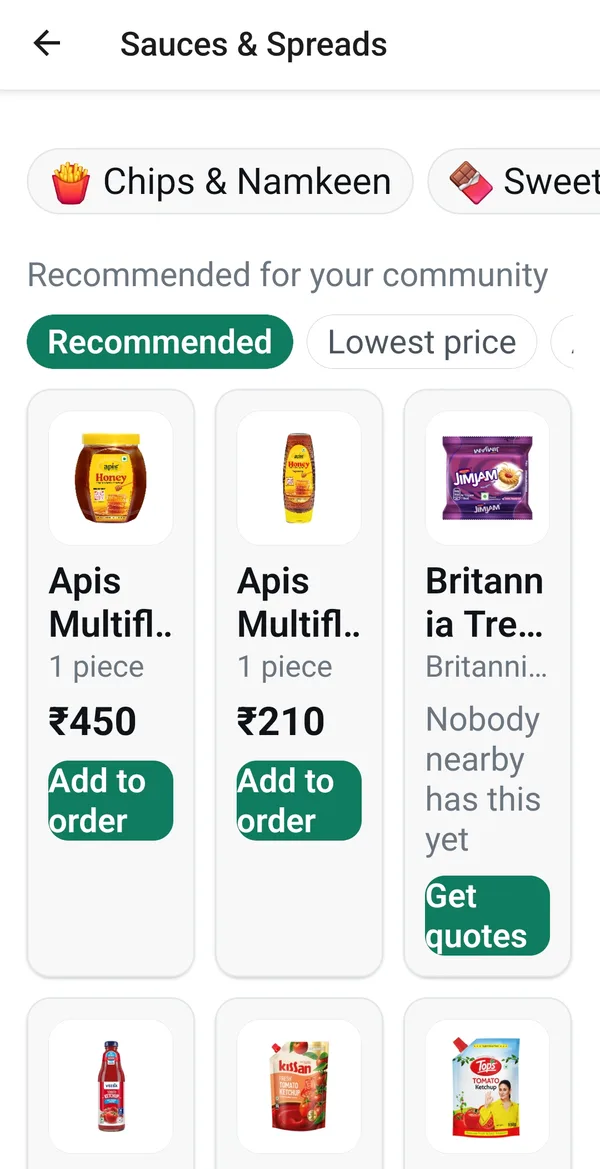 A product listing showing items recommended for your community with prices, and one item marked "Nobody nearby has this yet" with a Get quotes button.