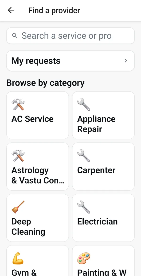 The Find a provider screen, listing categories including AC service, appliance repair, astrology and vastu consulting, carpenter, deep cleaning and electrician.
