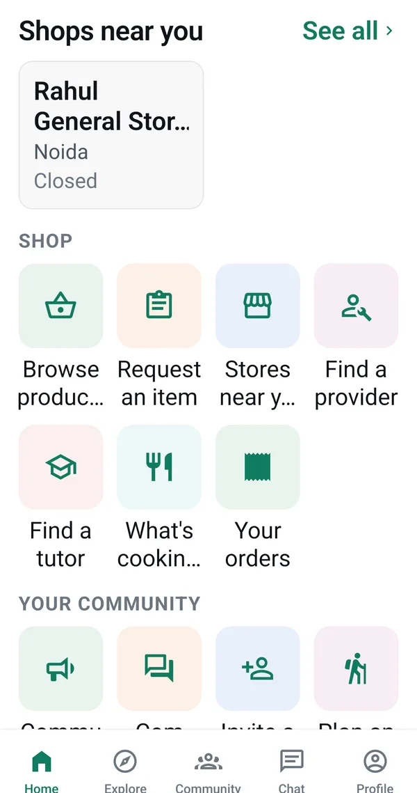 The Saanjha app home screen, showing shops near you, shortcuts to browse products, request an item and find a provider, and your community's shortcuts.