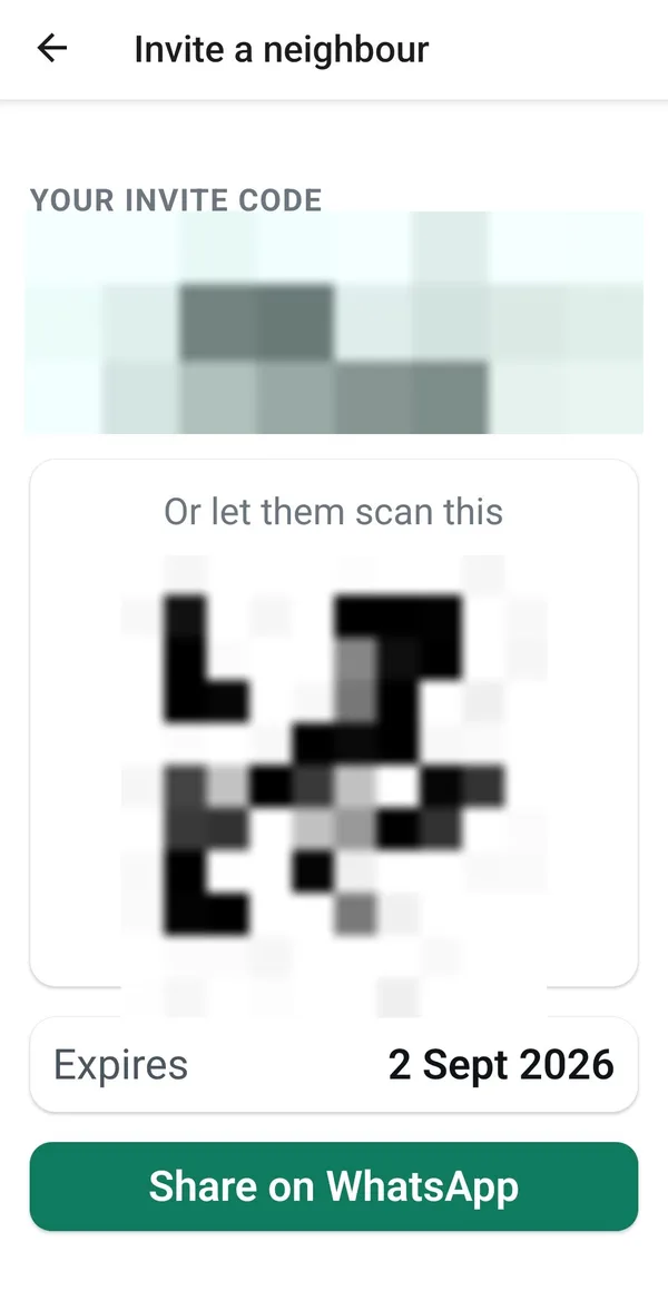 The Invite a neighbour screen, showing an invite code, a QR code to scan, an expiry date and a Share on WhatsApp button. The code and QR are pixelated out.
