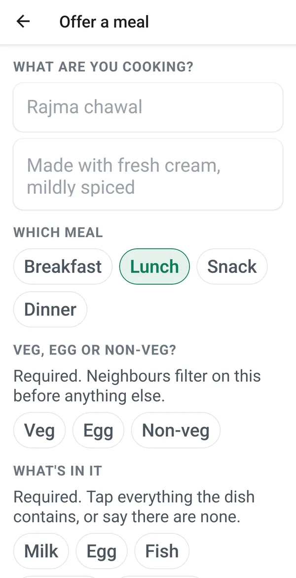 The Offer a meal screen, asking what you are cooking, which meal, whether it is veg, egg or non-veg, and requiring every allergen the dish contains to be tapped.