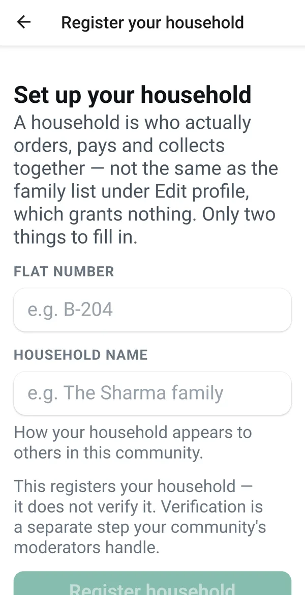 The Register your household screen, asking for a flat number and household name, and explaining that registering is not the same as being verified.
