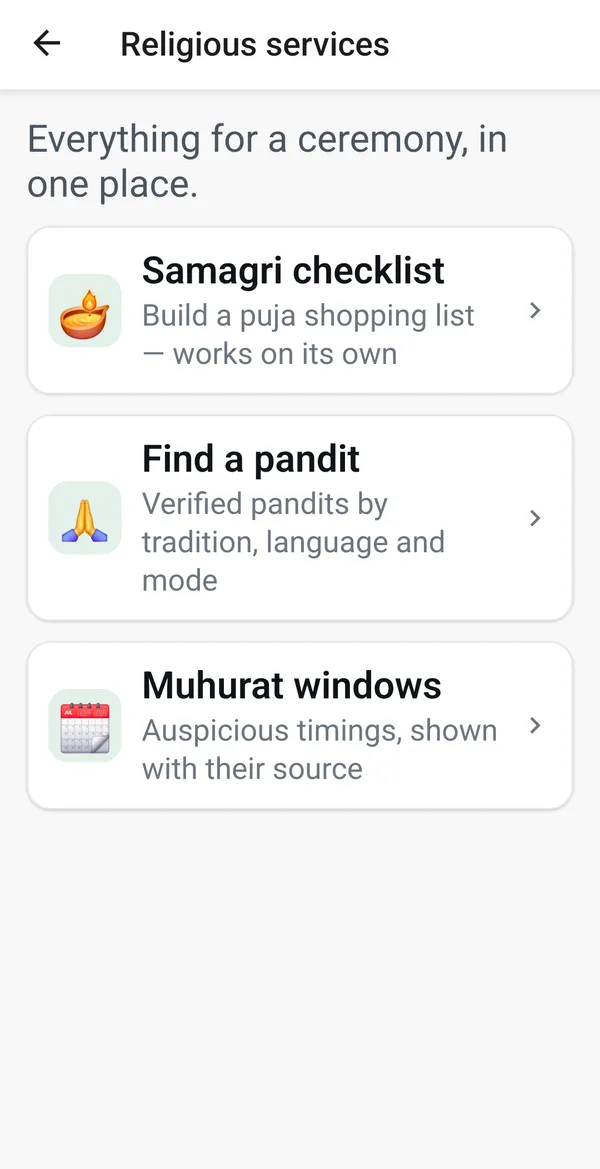 The Religious services screen, offering a samagri checklist, find a pandit, and muhurat windows shown with their source.