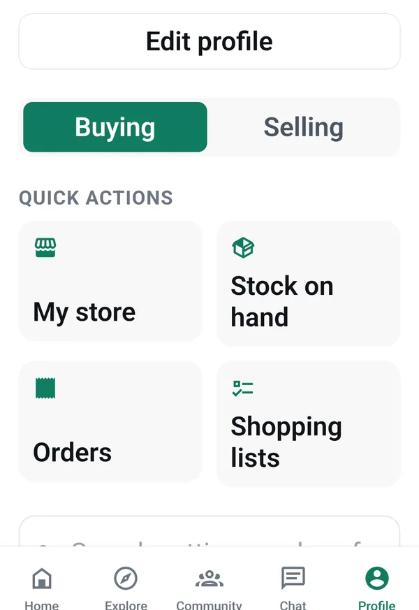 A profile screen with a Buying and Selling toggle, and quick actions for my store, stock on hand, orders and shopping lists.