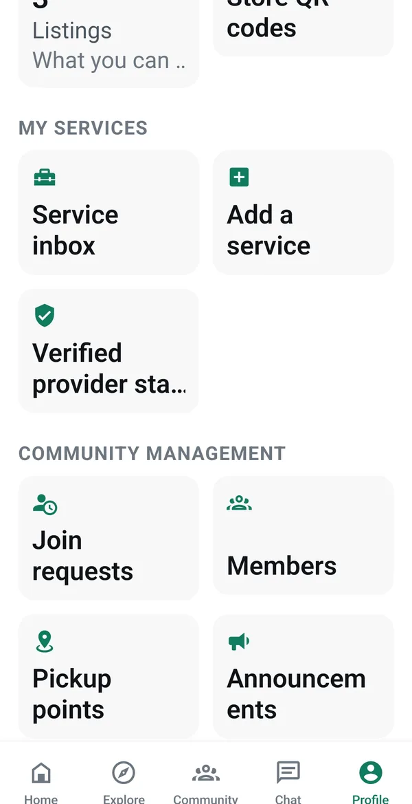 The seller area of the profile screen, showing listings and store QR codes, a service inbox, add a service and verified provider status, plus community management tools.