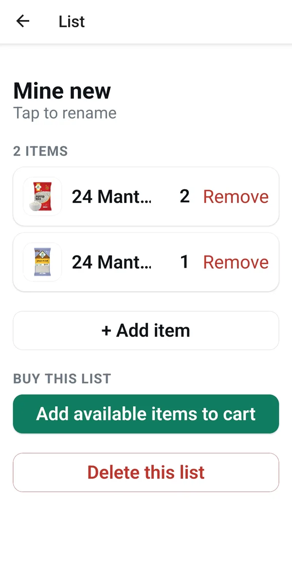 A shopping list screen with two items and quantities, an add item button, and a button to add every available item to the cart.